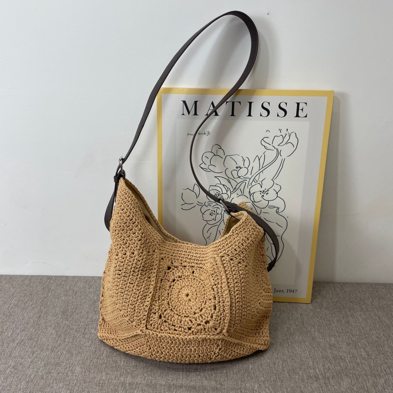 Elegantna torba preko ramena s velikim kapacitetom pletena od pamuka stil košare od slame plažna torba za odmor svestrana crossbody torba jednobojne boje