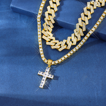 Diamantni križni privjesak na legiranom kubanskom lancu – set, unisex hip-hop ogrlica, jednostruki lanac