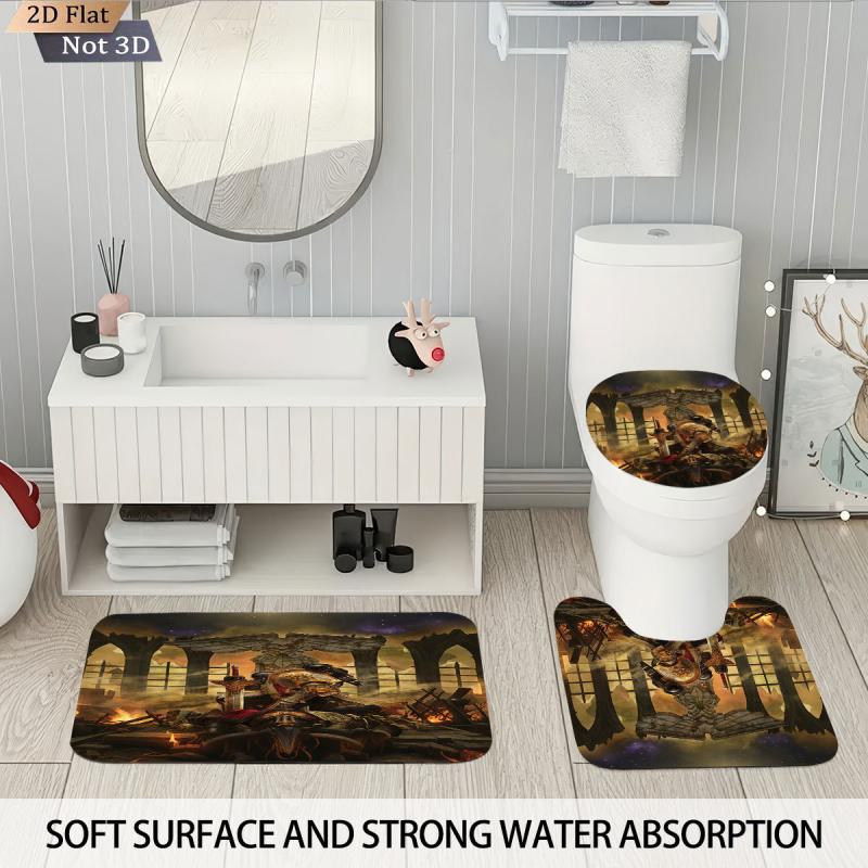 Perdea de duș impermeabilă, covor cu imprimeu Warhammer, set de baie absorbant și antiderapant pentru toaletă, patru piese, personalizabil cu fotografii