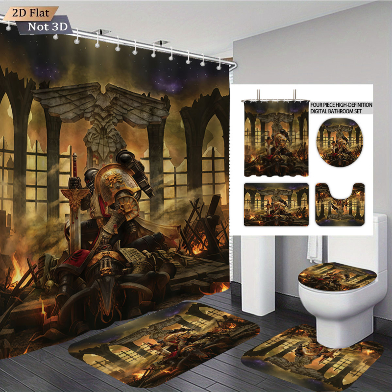 Perdea de duș impermeabilă, covor cu imprimeu Warhammer, set de baie absorbant și antiderapant pentru toaletă, patru piese, personalizabil cu fotografii