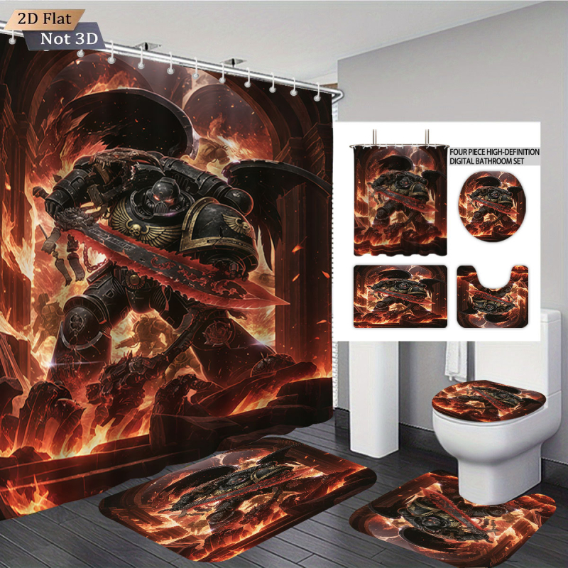Perdea de duș impermeabilă, covor cu imprimeu Warhammer, set de baie absorbant și antiderapant pentru toaletă, patru piese, personalizabil cu fotografii