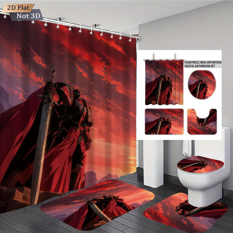 Perdea de duș impermeabilă, covor cu imprimeu Warhammer, set de baie absorbant și antiderapant pentru toaletă, patru piese, personalizabil cu fotografii