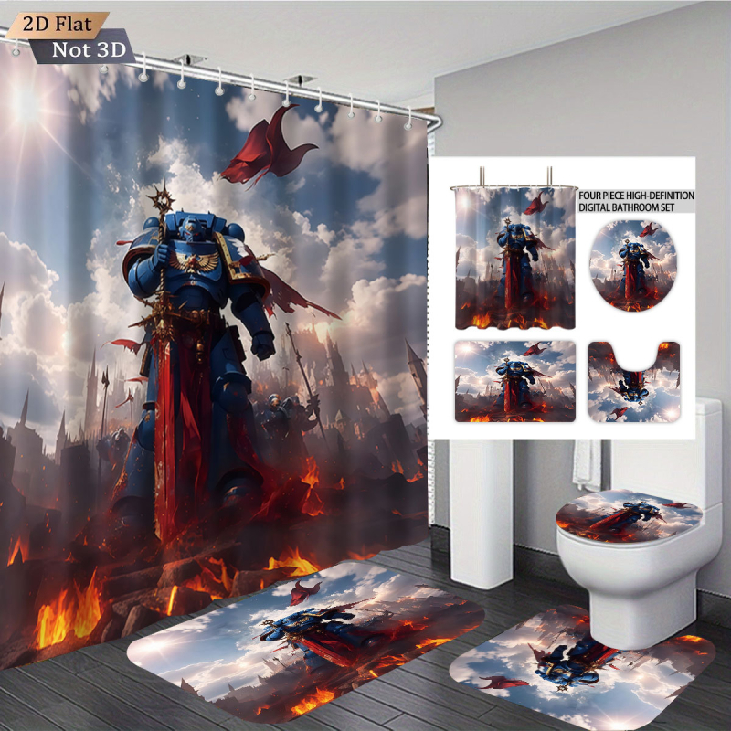 Perdea de duș impermeabilă, covor cu imprimeu Warhammer, set de baie absorbant și antiderapant pentru toaletă, patru piese, personalizabil cu fotografii