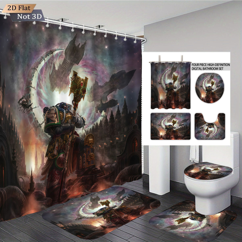 Perdea de duș impermeabilă, covor cu imprimeu Warhammer, set de baie absorbant și antiderapant pentru toaletă, patru piese, personalizabil cu fotografii