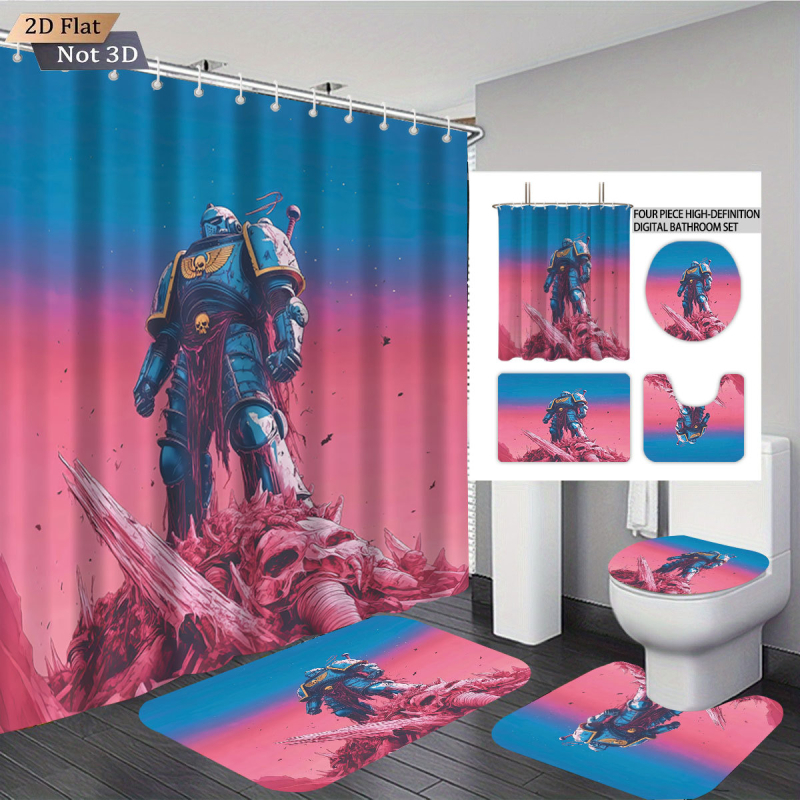 Perdea de duș impermeabilă, covor cu imprimeu Warhammer, set de baie absorbant și antiderapant pentru toaletă, patru piese, personalizabil cu fotografii