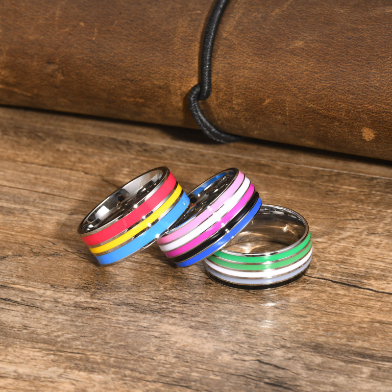 Spring Water prsten od titan čelika, 8 mm šarena zastava dizajn, geometrijski unisex prsten – model PR-033