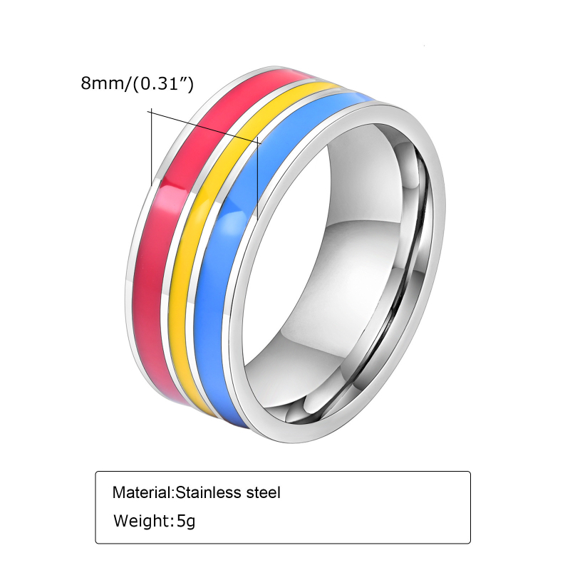 Spring Water prsten od titan čelika, 8 mm šarena zastava dizajn, geometrijski unisex prsten – model PR-033