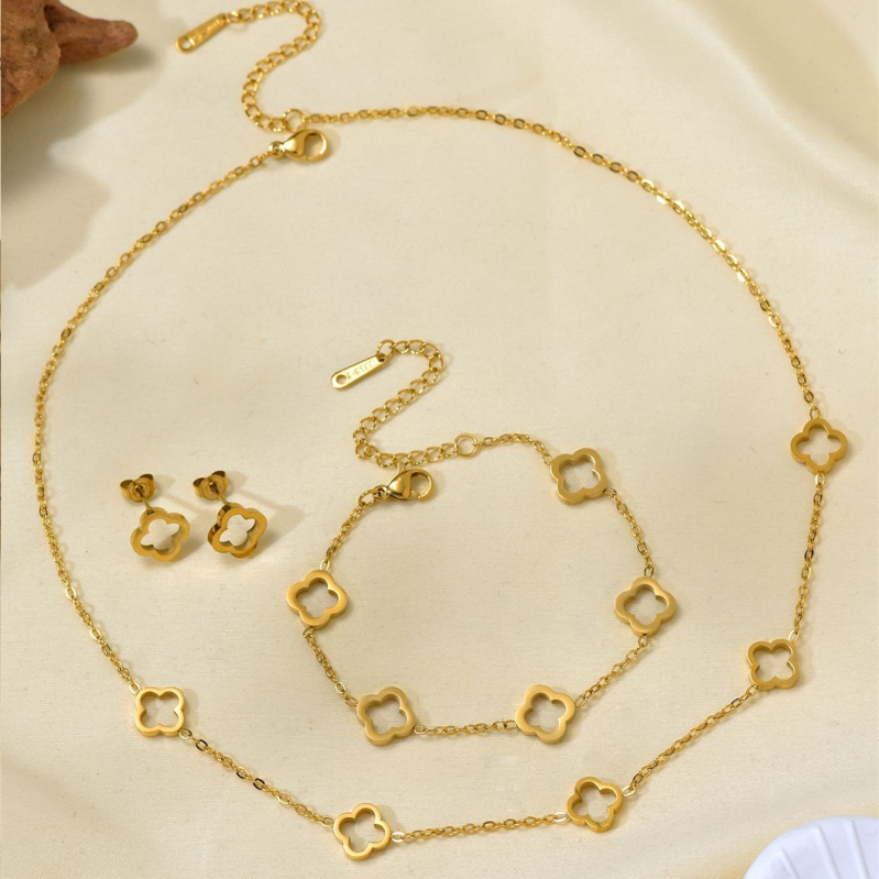 Set nakita od nehrđajućeg čelika sa četverolistom za žene – ogrlica, naušnice i narukvica, minimalistički i elegantan stil