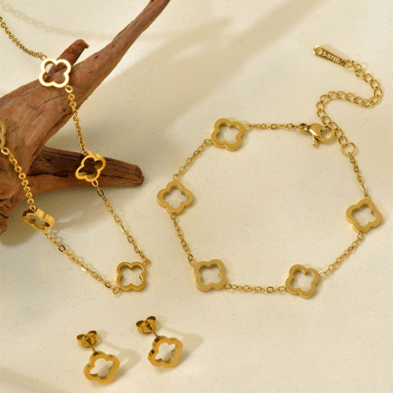 Set nakita od nehrđajućeg čelika sa četverolistom za žene – ogrlica, naušnice i narukvica, minimalistički i elegantan stil