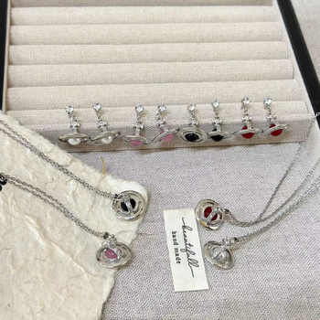 Ženski set naušnica i ogrlice sa Saturn lancem, ružičasti sjaj, ukrašeni kameni, vintage chokeri za ključnu kost