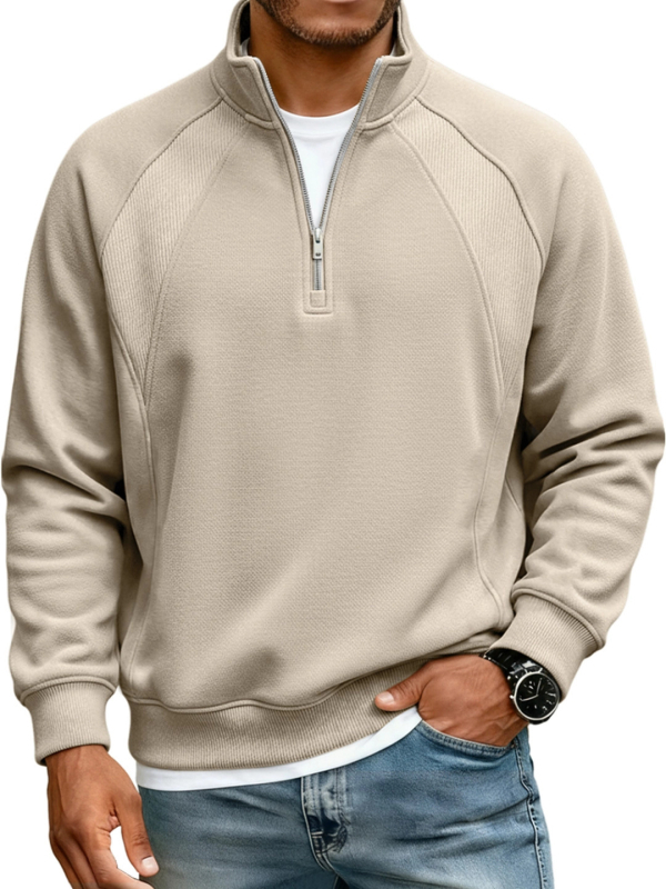 Φούτερ ανδρικό με μισό φερμουάρ, ψηλό γιακά, χαλαρή γραμμή, βασικό ρούχο για άνοιξη–φθινόπωρο–χειμώνα 2026, streetwear