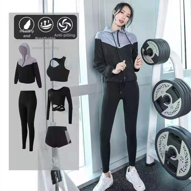 Ženský set na jogu a fitness – priedušný, rýchloschnúci, s dlhým rukávom a kapucňou, jesenná-zimná verzia, 90% polyester, 10% elastán