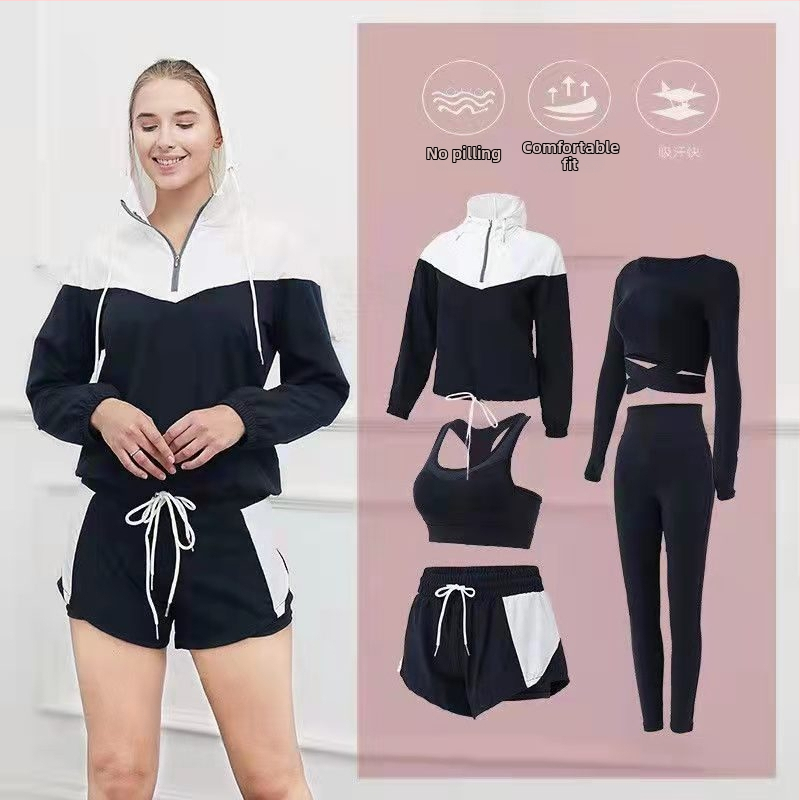 Ženský set na jogu a fitness – priedušný, rýchloschnúci, s dlhým rukávom a kapucňou, jesenná-zimná verzia, 90% polyester, 10% elastán