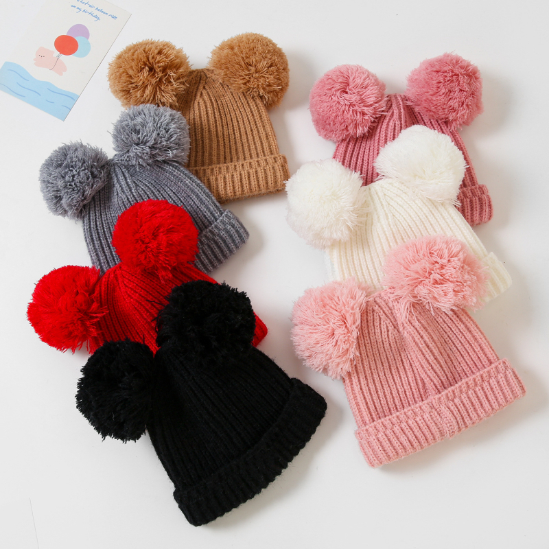 Dječja pletena kapa za jesen/zimu s dvije velike pompone, TUME, unisex, 0–2 godine, 2024