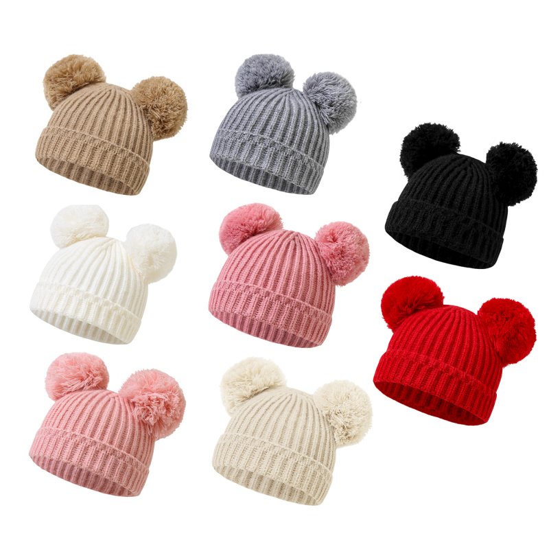 Dječja pletena kapa za jesen/zimu s dvije velike pompone, TUME, unisex, 0–2 godine, 2024