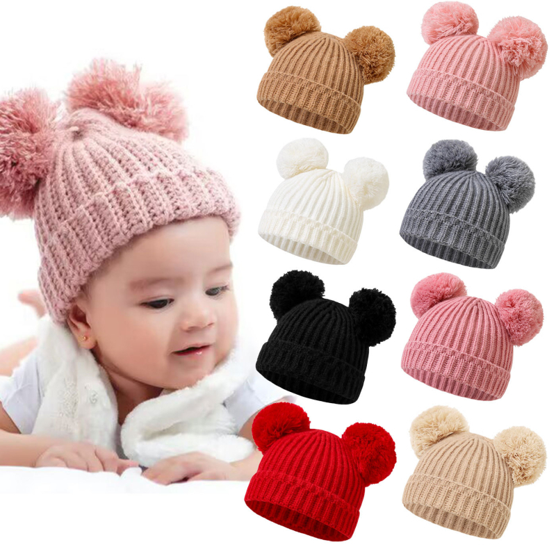 Dječja pletena kapa za jesen/zimu s dvije velike pompone, TUME, unisex, 0–2 godine, 2024