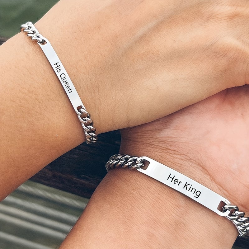 Set graviranih narukvica za parove od nehrđajućeg čelika - unisex, Ins stil, Her King, europsko-američki trend, poklon za Dan zaljubljenih