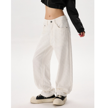 Τζιν Jacquard υψηλής ποιότητας με all-over print, σε στυλ High Street, unisex, μονόχρωμα, άνετη γραμμή, ίσιο/ευρύ παντελόνι, πλυμένα και φθαρμένα