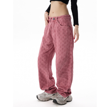 Τζιν Jacquard υψηλής ποιότητας με all-over print, σε στυλ High Street, unisex, μονόχρωμα, άνετη γραμμή, ίσιο/ευρύ παντελόνι, πλυμένα και φθαρμένα