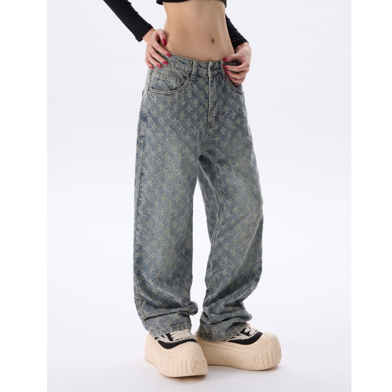 Τζιν Jacquard υψηλής ποιότητας με all-over print, σε στυλ High Street, unisex, μονόχρωμα, άνετη γραμμή, ίσιο/ευρύ παντελόνι, πλυμένα και φθαρμένα