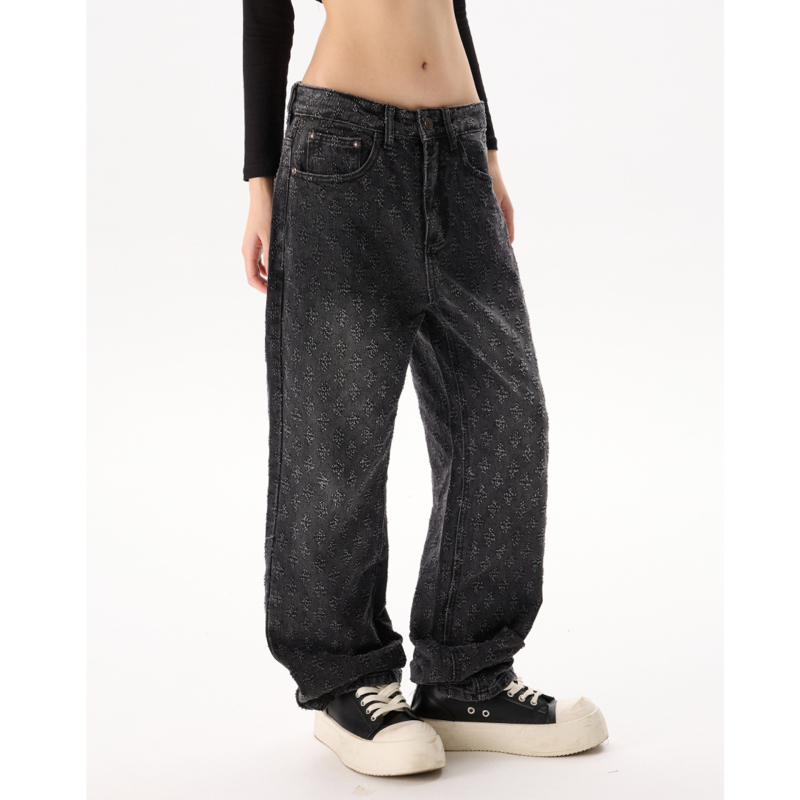 Τζιν Jacquard υψηλής ποιότητας με all-over print, σε στυλ High Street, unisex, μονόχρωμα, άνετη γραμμή, ίσιο/ευρύ παντελόνι, πλυμένα και φθαρμένα