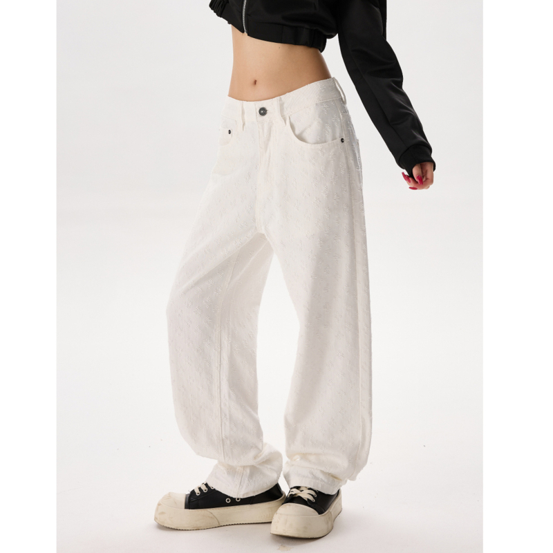 Τζιν Jacquard υψηλής ποιότητας με all-over print, σε στυλ High Street, unisex, μονόχρωμα, άνετη γραμμή, ίσιο/ευρύ παντελόνι, πλυμένα και φθαρμένα