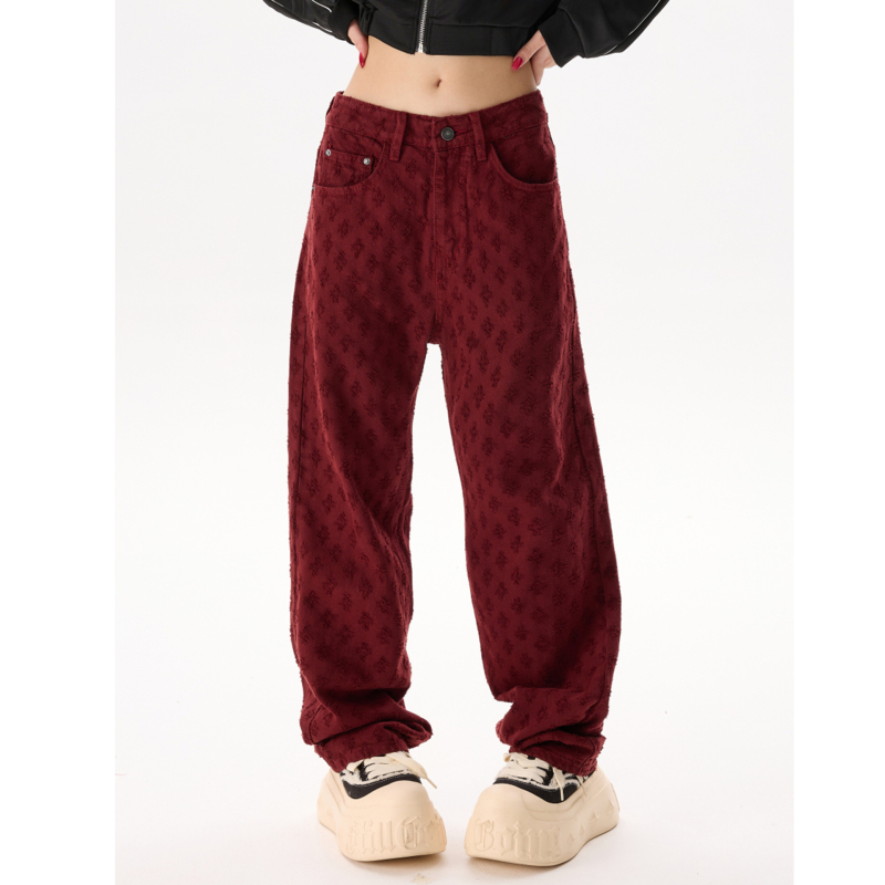 Τζιν Jacquard υψηλής ποιότητας με all-over print, σε στυλ High Street, unisex, μονόχρωμα, άνετη γραμμή, ίσιο/ευρύ παντελόνι, πλυμένα και φθαρμένα