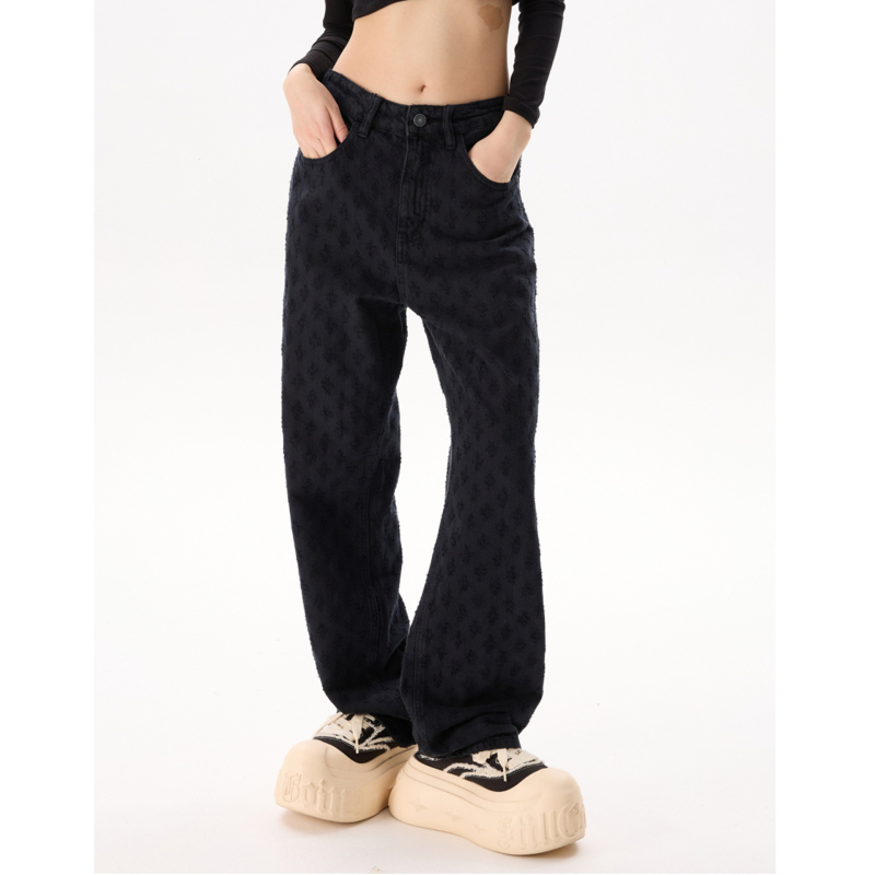 Τζιν Jacquard υψηλής ποιότητας με all-over print, σε στυλ High Street, unisex, μονόχρωμα, άνετη γραμμή, ίσιο/ευρύ παντελόνι, πλυμένα και φθαρμένα