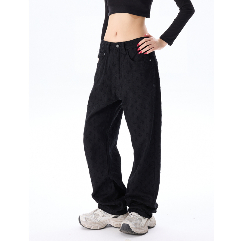 Τζιν Jacquard υψηλής ποιότητας με all-over print, σε στυλ High Street, unisex, μονόχρωμα, άνετη γραμμή, ίσιο/ευρύ παντελόνι, πλυμένα και φθαρμένα
