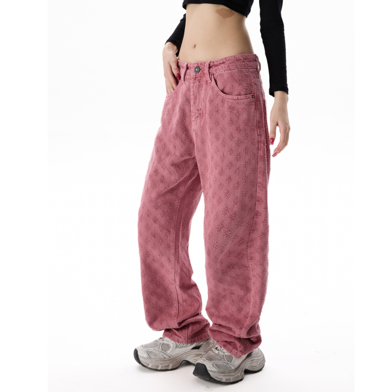 Τζιν Jacquard υψηλής ποιότητας με all-over print, σε στυλ High Street, unisex, μονόχρωμα, άνετη γραμμή, ίσιο/ευρύ παντελόνι, πλυμένα και φθαρμένα