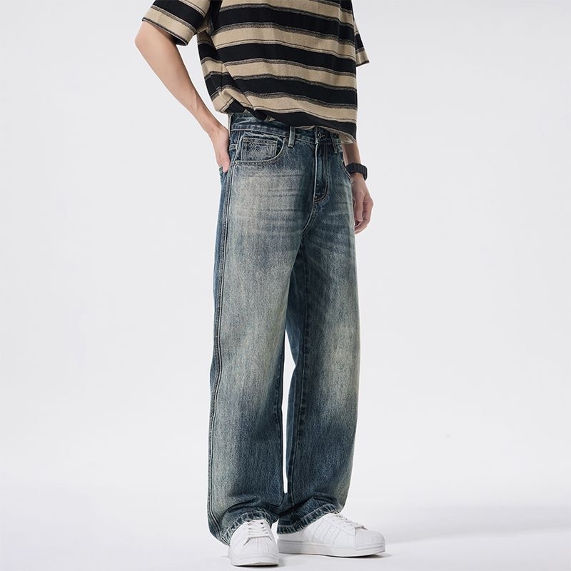 Ανδρικά τζιν με ίσιο κόψιμο, ξεβαμμένα, επένδυση φλίς, μεσαία μέση, φερμουάρ, πολλές τσέπες, 100% βαμβάκι