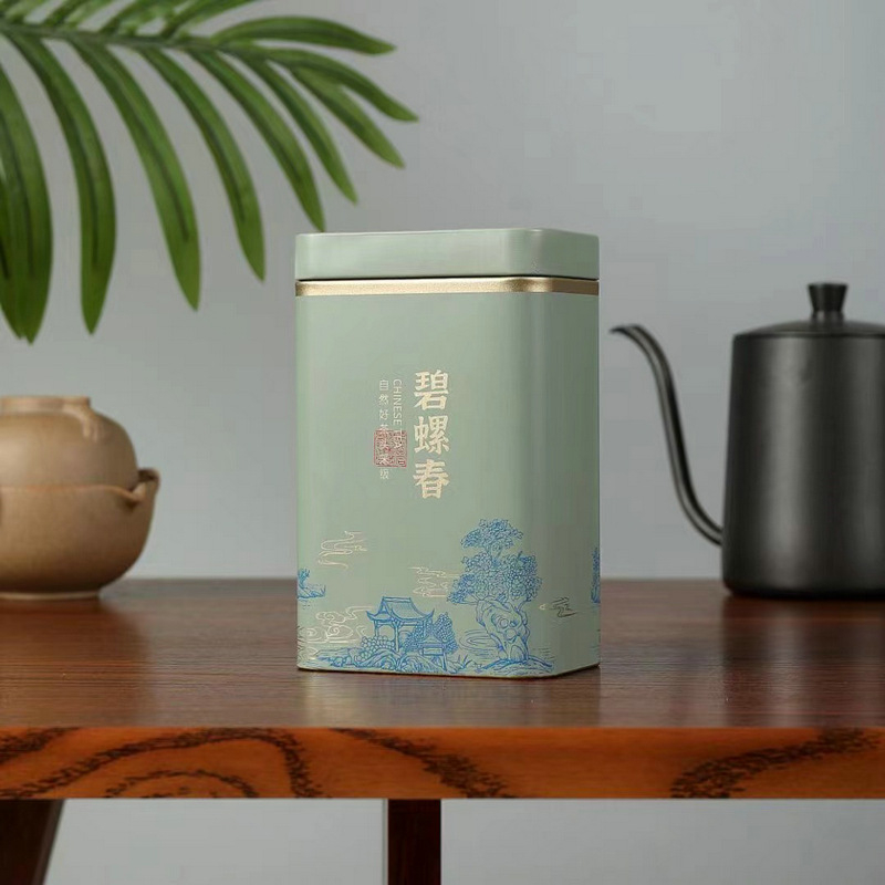 125 г квадратна метална кутия за чай – Bi Luo Chun, Longjing и жасминов чай