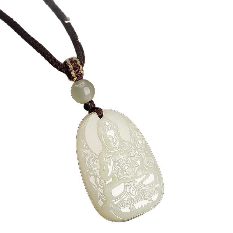 Prirodni Hetian jade privjesak s Budom rođene godine zodijaka, Manjushri Bodhisattva, Samantabhadra i Guanyin – unisex ogrlica