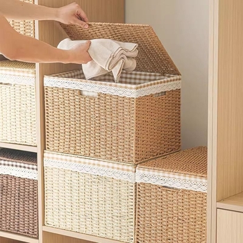 Kutija za pohranu u japanskom stilu od pletene slame sa poklopcem, velika za odjeću i igračke