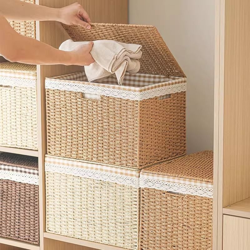 Kutija za pohranu u japanskom stilu od pletene slame sa poklopcem, velika za odjeću i igračke