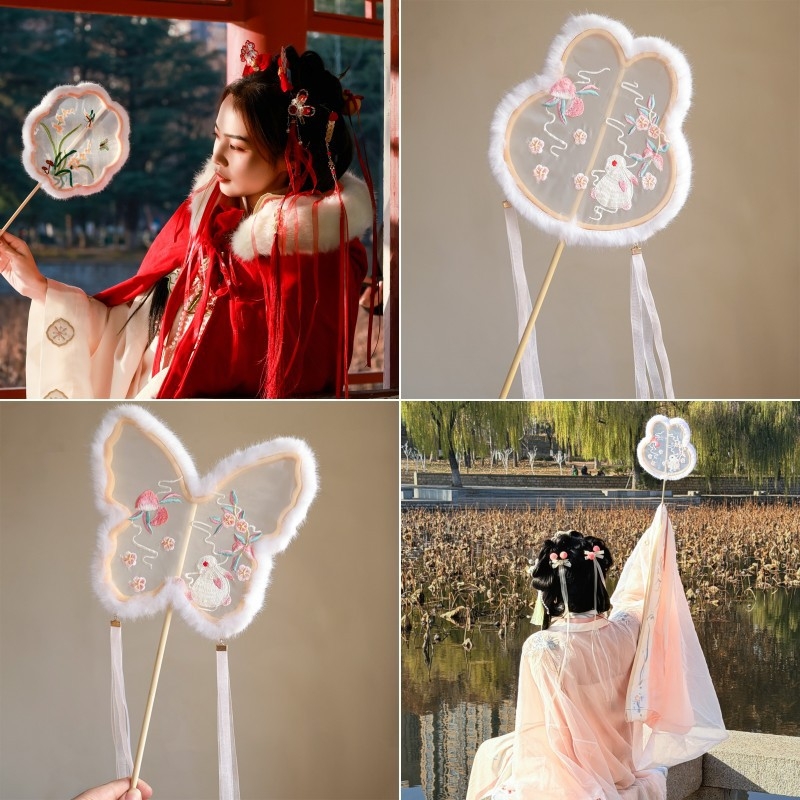 Hímzett kör alakú fan, kínai stílusú őszi-téli plüss, Hanfu-ihletésű smink és jelmez rekvizit fotózáshoz és előadásokhoz, nyúlfülű pillangó fan