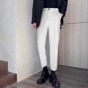 Muške crne hlače s flis podstavom, slim fit, ravni kroj, skraćena duljina za jesen-zimu