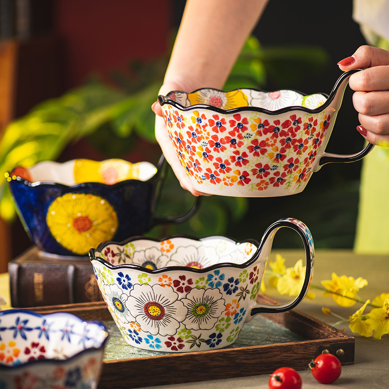 Keramička zdjela s ručno oslikanom ručkom — retro stil, za juhu, ramen ili salatu, velika zapremina