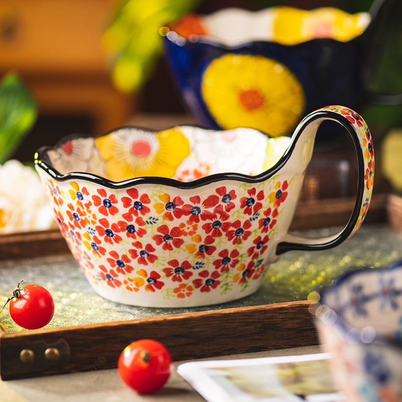 Keramička zdjela s ručno oslikanom ručkom — retro stil, za juhu, ramen ili salatu, velika zapremina