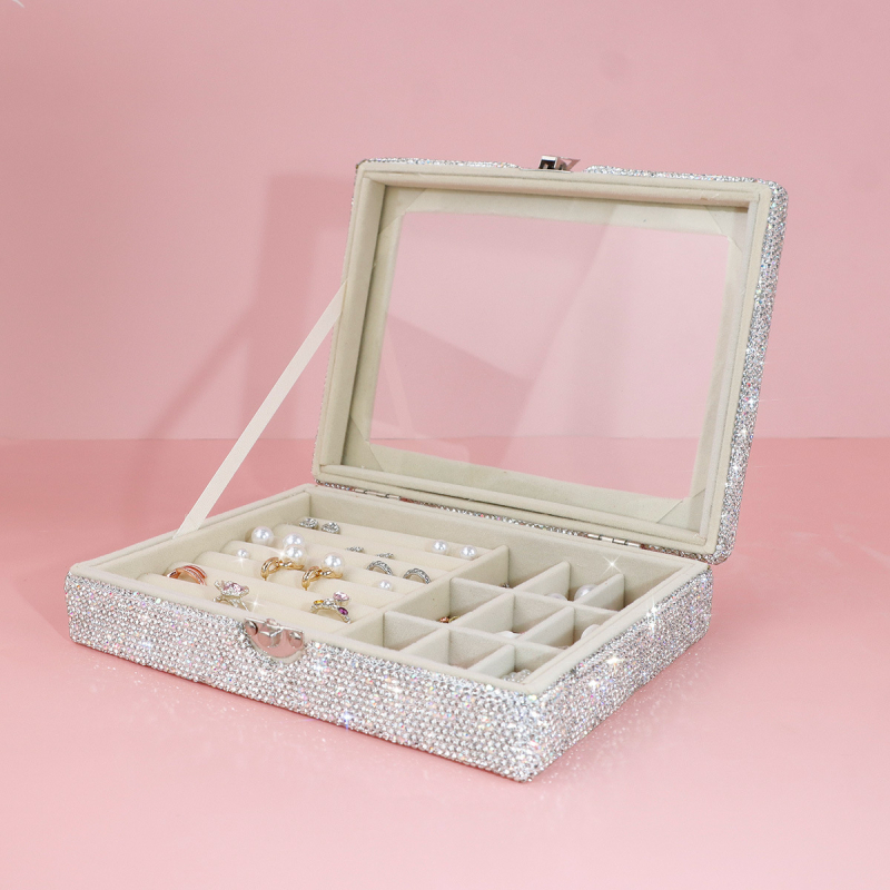 Kutija za nakit – prstenovi s rhinestones, prilagodljiva, vrhunska kvaliteta, velika zapremina, podijeljene pregrade za pohranu dijamantnog nakita