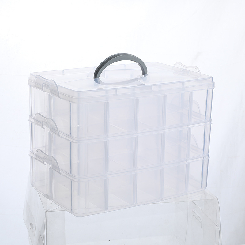 Trostruka prozirna prijenosna kutija za nokte, nakit i perle — stolni organizator (25×17×18,7 cm)