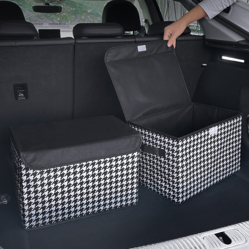 Kutija za organizaciju prtljažnika automobila s uzorkom houndstooth, sklopiva, s ručkom, 35×27×27 cm
