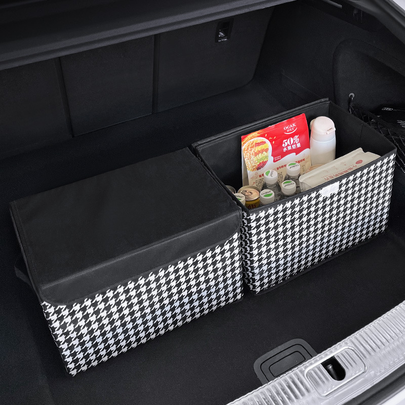 Kutija za organizaciju prtljažnika automobila s uzorkom houndstooth, sklopiva, s ručkom, 35×27×27 cm