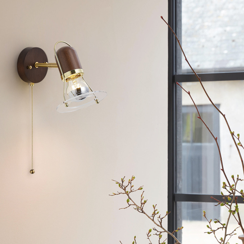Japanskog stila retro zidna lampa od orahovog drveta, rotirajuća, antikni dizajn za spavaću sobu
