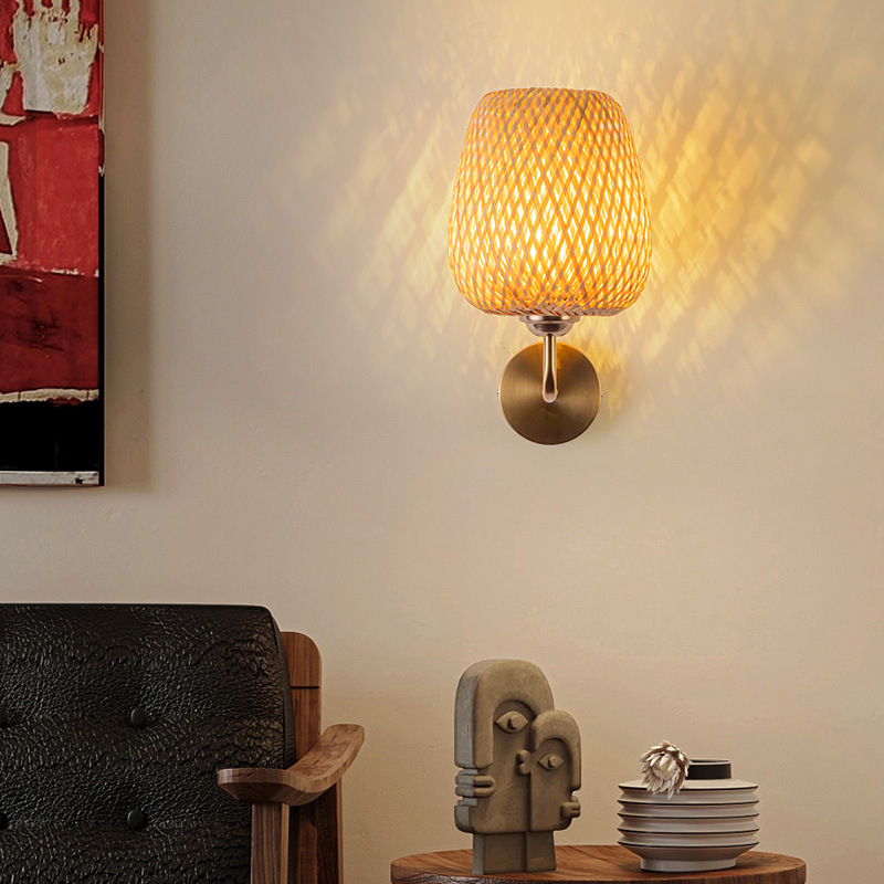 Nova zidna lampa u novokineskom stilu s pletenim abažurom, za hodnik, spavaću sobu i uz krevet – Zen retro dizajn