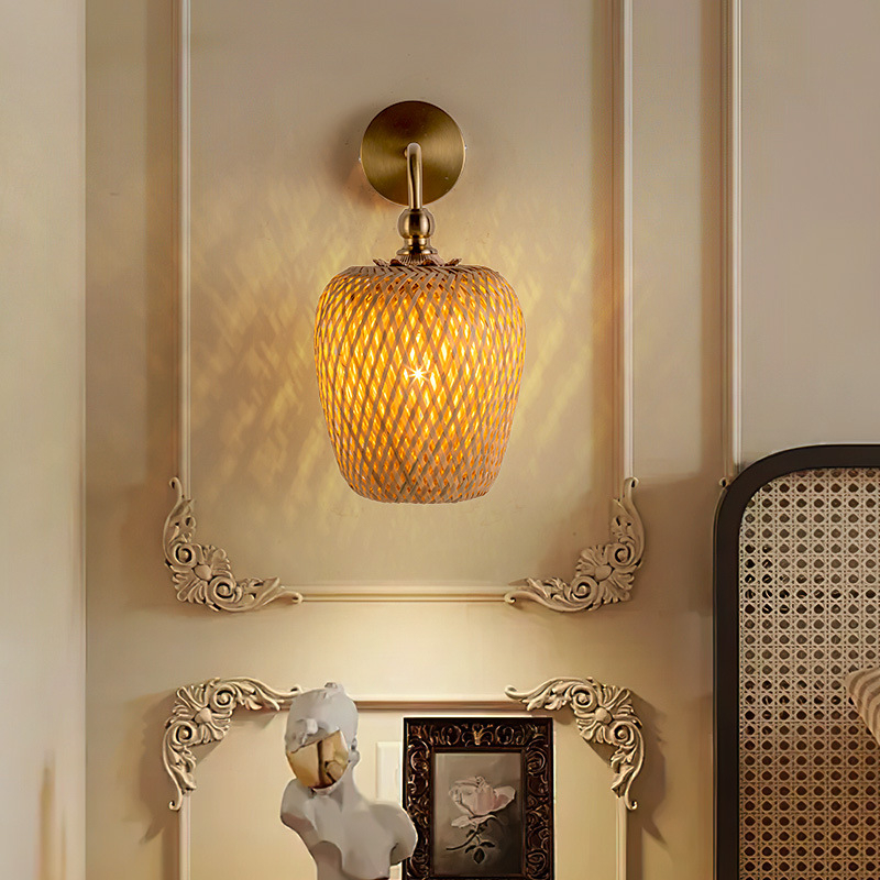 Nova zidna lampa u novokineskom stilu s pletenim abažurom, za hodnik, spavaću sobu i uz krevet – Zen retro dizajn