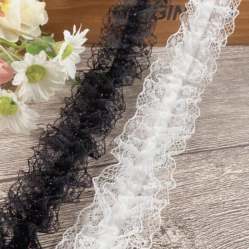 Elastična plisirana čipkasta traka širine 4 cm, bijela i crna, za DIY odjeću — rub za ovratnik, rukave i ukras struka