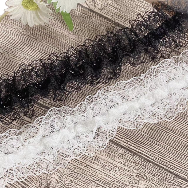 Elastična plisirana čipkasta traka širine 4 cm, bijela i crna, za DIY odjeću — rub za ovratnik, rukave i ukras struka