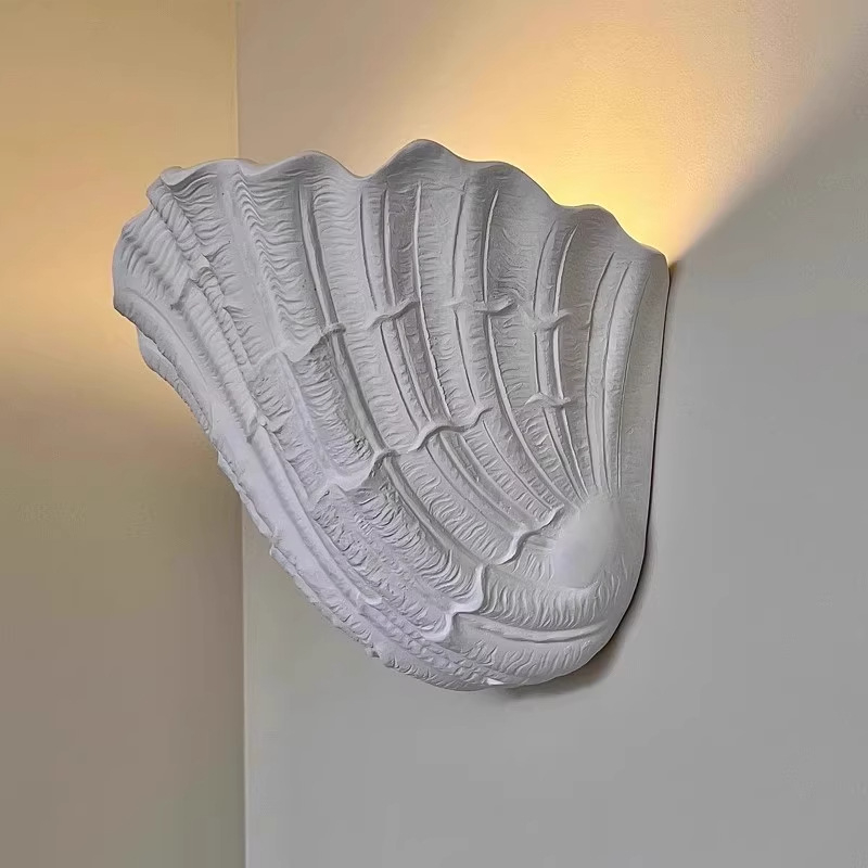 Gips zidna svjetiljka u Francuskom stilu sa motivom školjke, mid-century dizajnersko osvjetljenje za stubište i hodnik