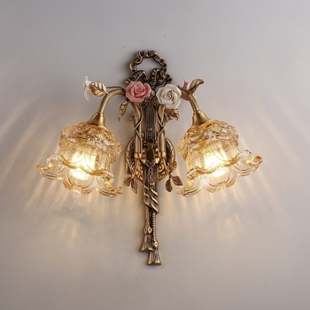 Stenska lampa od cijelog bakra, francuski seoski stil, retro romantičan keramički cvijet, za dnevni boravak, blagovaonu ili spavaću sobu